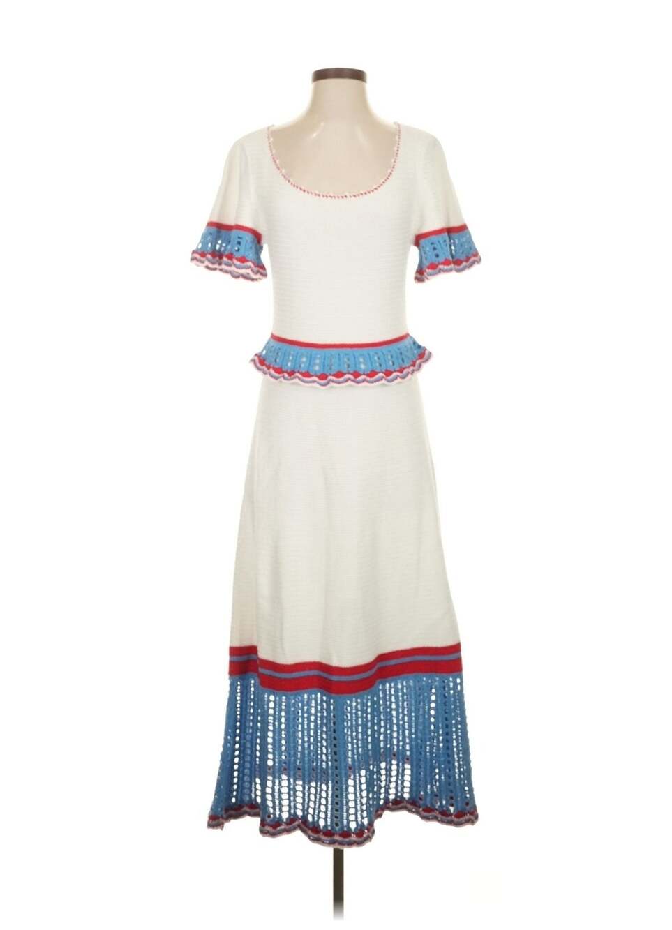 Banjanan Artisan Hand Crochet Cotton Knit Tiered Midi Maxi Dress Cream Blue Red